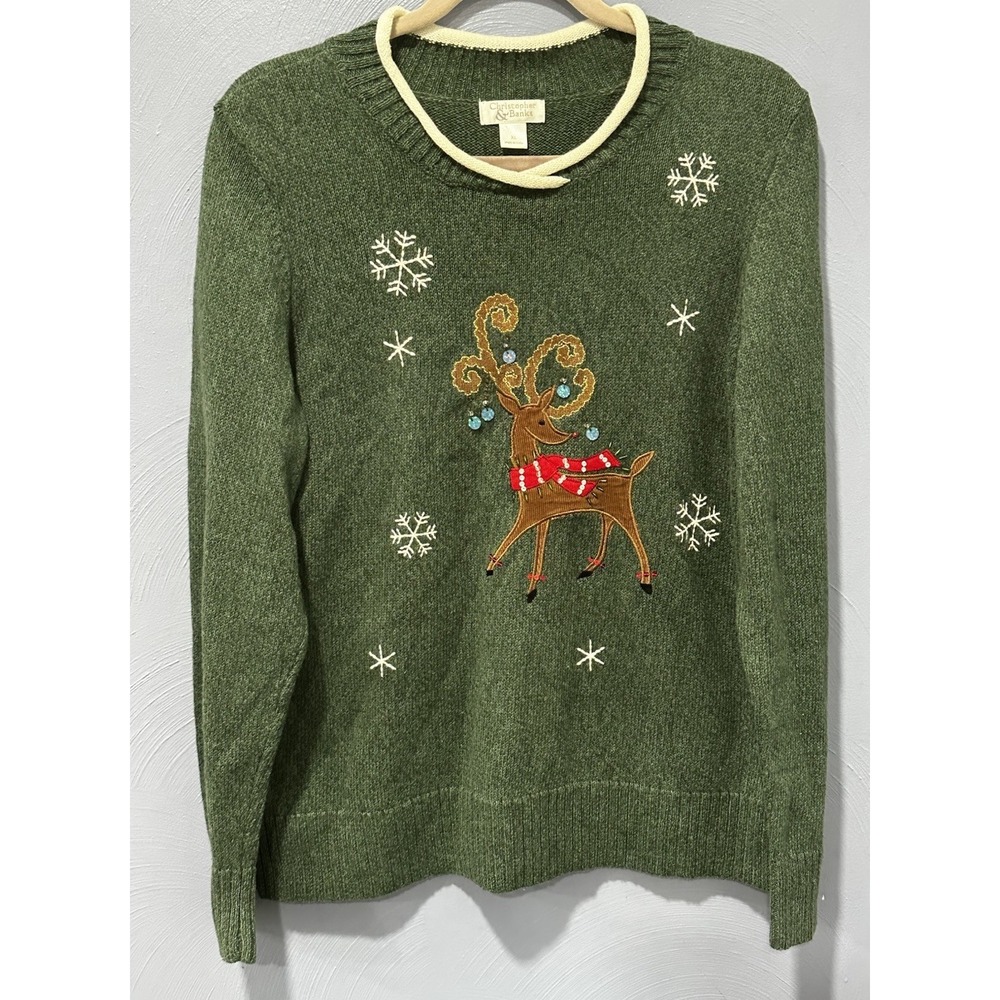 Christopher & Banks Christmas Reindeer Sweater Women's Green Knit Pullover M
